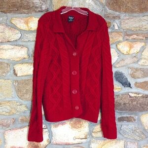 Paul James red cable knit 100% wool cardigan